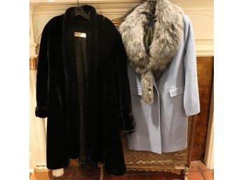 Women's Blue Wool Coat By Florens Size 38/44 And Black Swing Coat With Satin Lining By Kent, Size Large