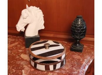Maitland Smith Cow Hair Box With Zebra Pattern Marble Horse And Acorn Statue