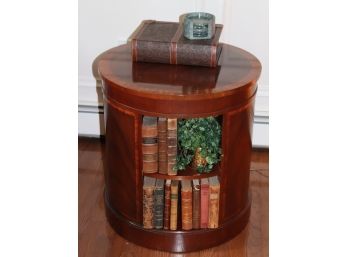 Round Bookshelf Side Table By Hammary With Inlay Banding And Antique Books Including Tolstoy