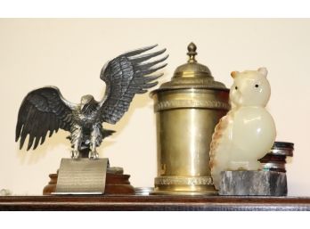1Lot Of Decorative Items Including Mollahedeh Brass Urn, Eagle Figure & Stone Owl