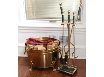 Brass Finished Fireplace Tool Set With Marble Handles And Decorative Metal Bucket
