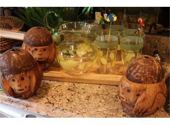 Mixed Lot Of Assorted Drinkware Carved Coconut Cup Holders And Plastic Lemonade Set