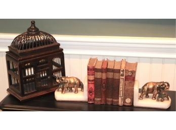 Decorative Brass And Marble Elephant Bookends With Birdcage And Antique Books In Assorted Condition