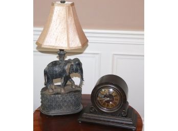 Decorative Elephant Lamp With Small Wood Mantle Clock