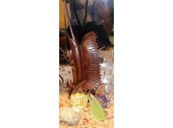 Decorative Fish Lot Includes 16' Tall Carved Marlin And Glass Fish