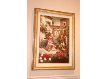 Signed Painting On Canvas Italian Garden Flowers In Gold Frame Signed By Dardin