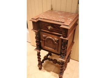 Vintage Ornate Wood And Marble Humidor Night Stand