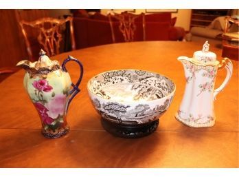 3 Piece Lot Chocolate Pots And 1 Spode Serving Bowl