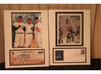 2 Piece Lot Of Commerative Pictures: NY Yankees, Whitey Ford Signature And 911 Rescue Workers