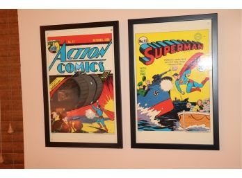 2 Piece Lot Of Vintage Comic Poster Board Pictures Superman No 13 Action Comics No 17