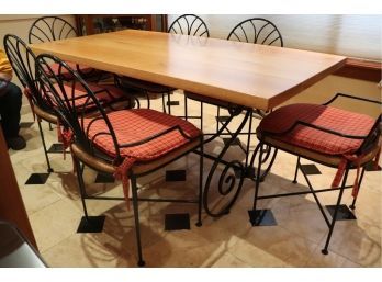Nice Wrought Iron And Oak Top Rectangular Kitchen Table And 6 Chairs