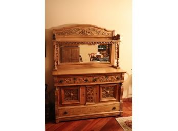 Beautiful Asian Themed Wood Carved Buffet Table With Mirror