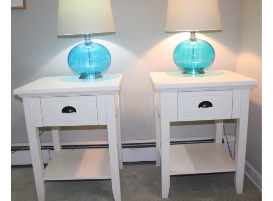 Set Of Matching White End Tables With Beautiful Blue Glass Lamps