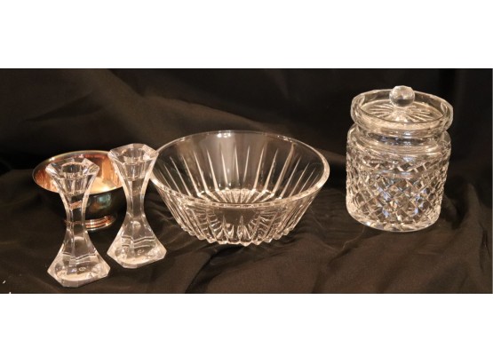 5 PC CRYSTAL INCLUDES WATERFORD CANDY JAR, CRYSTAL BOWL, VILLEROY & BOCH CANDLESTICKS, GORHAM SILVERPLATE BOWL