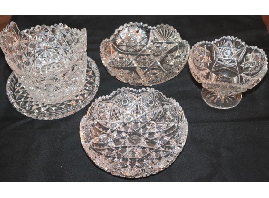 5 PC CUT CRYSTAL DISPLAY BOWLS, PLATES AND ICE BUCKET