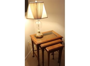 QUALITY 3 PC STACKER TABLES WITH ETCHED CRYSTAL LAMP AND PLEATED SHADE