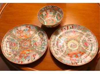 3 PC HANDPAINTED PORCELAIN CHINESE ROSE MEDALLION  ASIAN PLATES AND BOWL