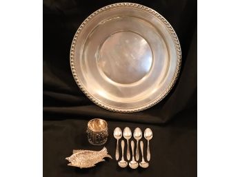 ASSORTED LOT OF STERLING: PLATE, SPOONS, PERSIAN SILVER FISH AND ORNATE CUP