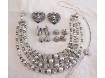 Women's Jewelry Lot Includes Beaded Necklace With Rhinestones, Earrings And Shoe Clips