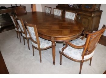 Dining Table With Pretty Parquet Top And 8 Clean Upholstered Chairs