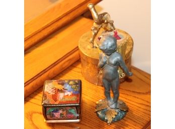 27.	Ardleigh Elliott & Sons Music Box With Metal Cherub Figurine By Petites And Decorative Gold Box