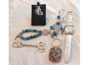 Mixed Lot Of Assorted Women's Jewelry Includes Gucci Keychain, Butterfly Pendant & Gossip Watch