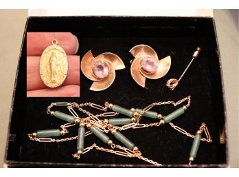 Assorted Jewelry Items Including 14K Clip-on Earrings With Pink Stone