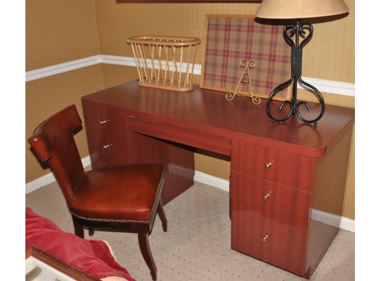 Formica Desk With Mahogany Veneer Finish And Leather Style Chair With Studding