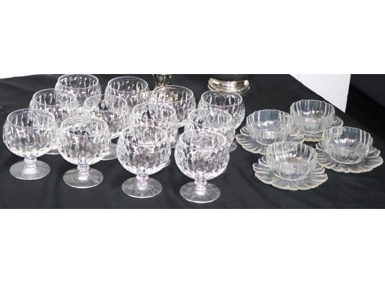 Lot Of  12 Cognac Glasses By Hawkes Crystal With Sunflower Sorbet Dishes With Sterling Bowl