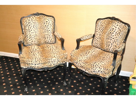Pair Of Custom Black And Leopard Print Stark Fabric Arm Chairs