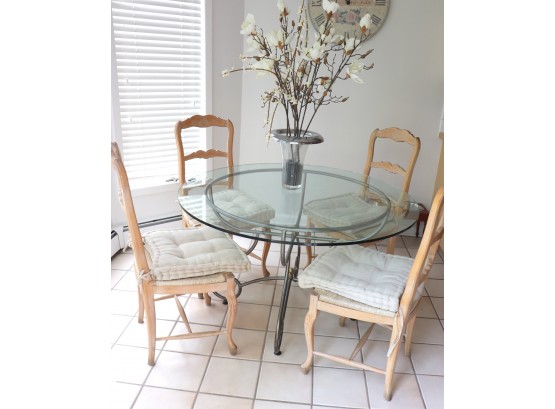 48' Round Glass Table With Metal Base (Table Has A Chip In Glass)  And 4 White Washed Chairs