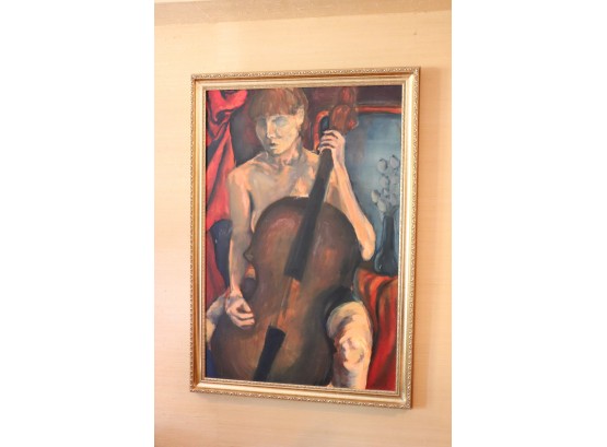 Signed Art Piece, 'Playing The Bass' In Decorative Gold Wood Frame