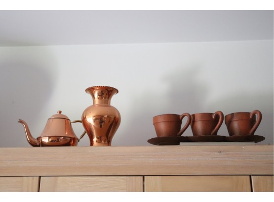 Decorative Copper Kettle And Vase With Ceramic Pots