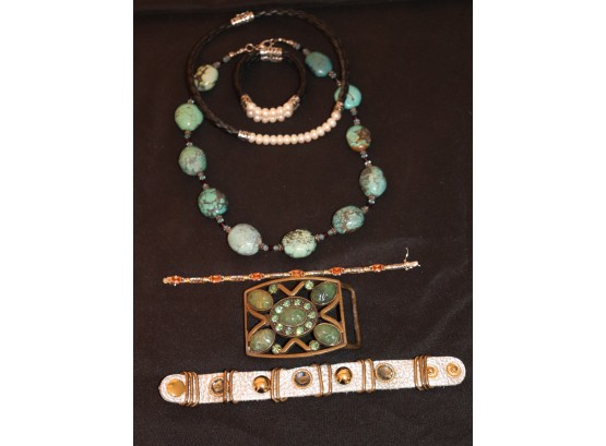 Lot Of Women's Costume Jewelry Includes Turquoise Colored Stone Necklace & Wen Bracelet