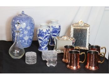 Decorative Lot Includes Copper Plated Mugs, Waterford Paperweight, Vases And More