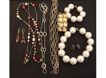 Women's Jewelry Lot Including Long Necklaces, Earrings, Bracelet And Faux Pearl Set