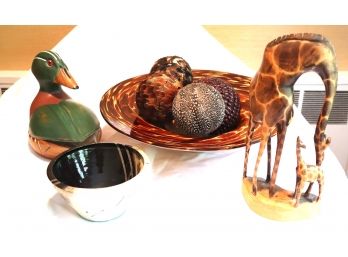 Decorative Lot Includes 16' Glass Bowl With Decorative Balls, Wood Duck, Giraffe And Clay Bowl