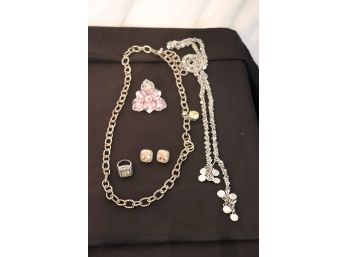 Lot Of Women's Costume Jewelry Includes Long Chain Necklace, Purple Floral Ring & More