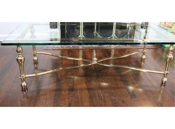 Large Brass Coffee Coffee Table With Thick Glass Top Rounded Edges
