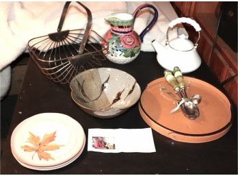 Lot Of Decorative Serving Items Includes Ralph Lauren Leather Tray,  Basket, Kettle, Pitcher