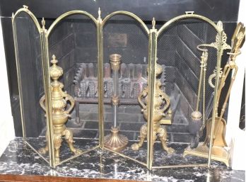 Set Of Brass Andirons With Fireplace Screen And Tools