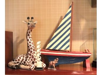 Wooden Sailboat With Decorative Giraffe And Elephants