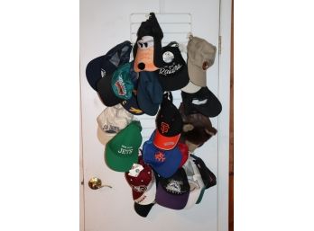 Hat Rack With Assorted Hats Mets, San Francisco, Jets And More Condition Varies
