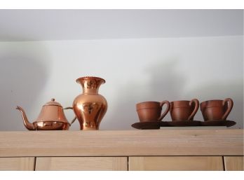 Decorative Copper Kettle And Vase With Ceramic Pots