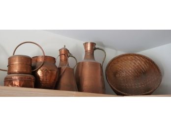 Lot Of Tall Copper Water Pitchers With Pail And Large Woven Basket
