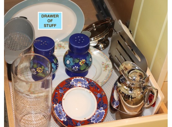 Mixed Drawer Full Of Assorted Items Includes Serving Trays, Salt & Pepper Shakers & Large Spatula