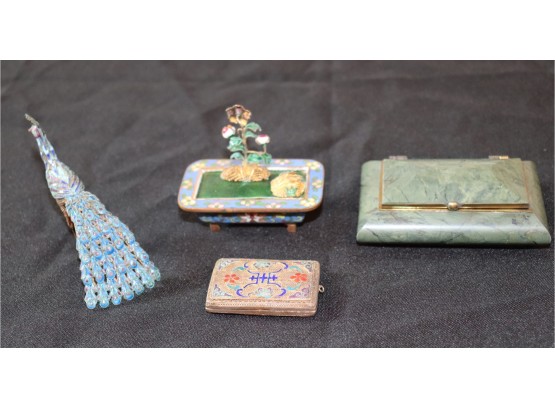 Decorative Items Includes Small Asian Locket Box, Peacock, Stone Box And Floral Piece