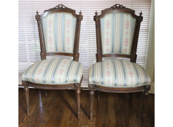 Pair Of Louis XVI Style Custom Upholstered Chairs With Decorative Crown
