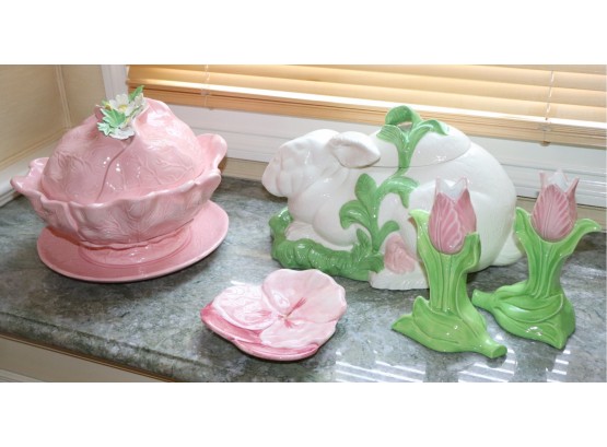 Decorative Ceramics Includes Large Pink Covered Cabbage Bowl & Rose Candlestick Holder