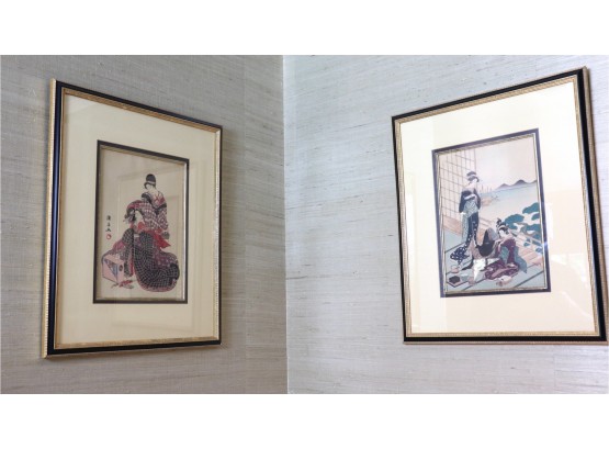 Pair Of Asian Prints In Matted Black And Gold Frame